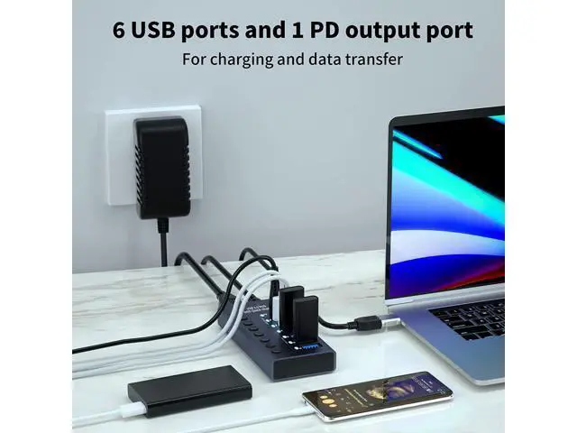 Alt view image 6 of 7 - Aluminum Powered USB 3.0 Hub, 7-Port USB Hub Splitter (4 USB 3.0 Data Transmission Ports + 2 Smart Charging Ports + 1 PD Charging Port), with 36W (12V/3A) Power Adapter and Independent Switch