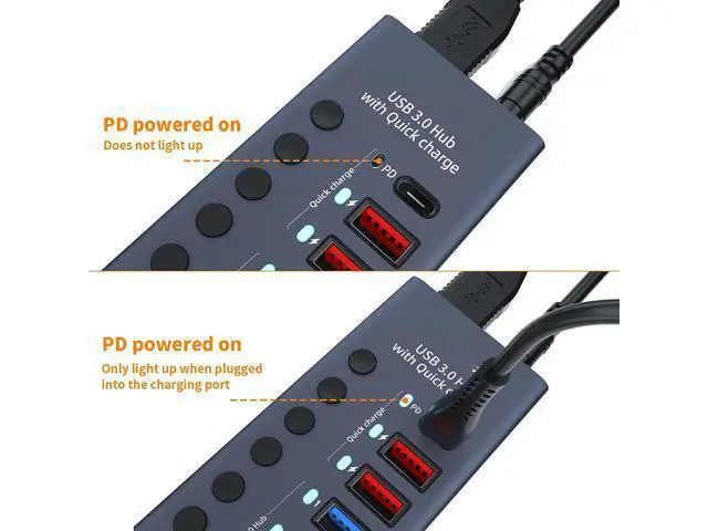 Alt view image 5 of 7 - Aluminum Powered USB 3.0 Hub, 7-Port USB Hub Splitter (4 USB 3.0 Data Transmission Ports + 2 Smart Charging Ports + 1 PD Charging Port), with 36W (12V/3A) Power Adapter and Independent Switch