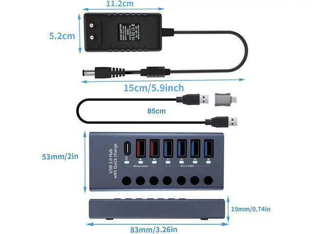 Alt view image 7 of 7 - Aluminum Powered USB 3.0 Hub, 7-Port USB Hub Splitter (4 USB 3.0 Data Transmission Ports + 2 Smart Charging Ports + 1 PD Charging Port), with 36W (12V/3A) Power Adapter and Independent Switch