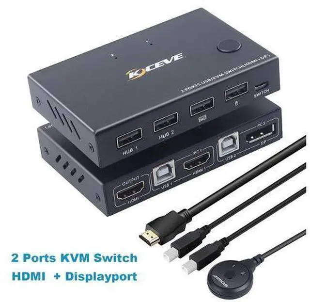 Main image of 2 Ports Displayport HDMI KVM Switch Box, USB Displayport and HDMI KVM Switcher for 2 Computers Sharing One HD Monitor and 4 USB Devices Keyboard Mouse Printer, with DP to HD MI Adapter Function