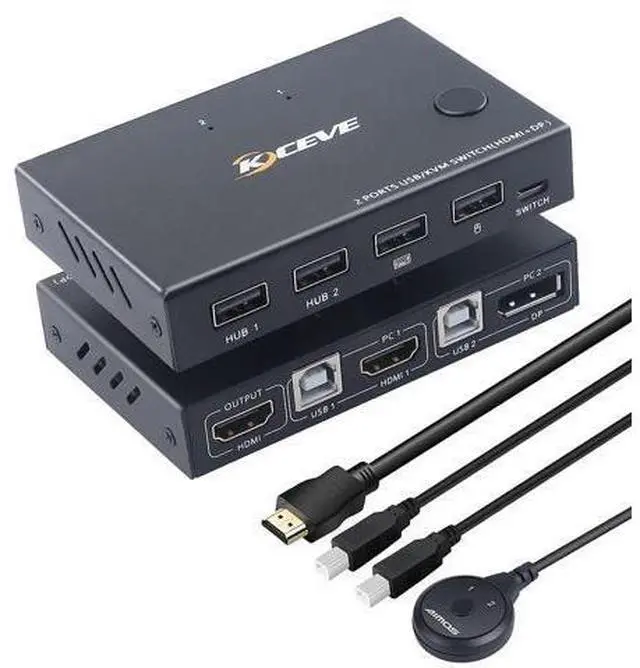 Main image of 2 Ports Displayport HDMI KVM Switch Box, Displayport and HDMI KVM Switcher for 2 Computers Sharing One HD Monitor and 4 USB Devices Keyboard Mouse Printer, with DP to HDMI Adapter Function