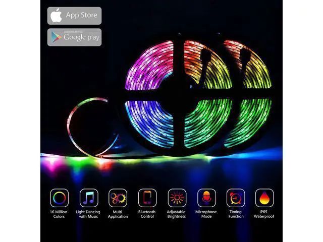 Alt view image 3 of 7 - LED Strip Lights RGB Strips 32.8ft/10M Tape Light 300 LEDs SMD5050 Waterproof Music Sync Color Changing + Bluetooth Controller + 24Key Remote Control Decoration for Home TV Party - APP Controlled