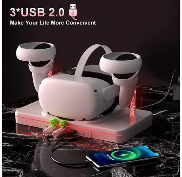 Alt view image 4 of 7 - VR Charging Dock for Oculus Quest 2, Charging Stand for Meta Quest 2, VR Accessories Charging Station Charge Headset Controller with USB-C Cable Support Colorful Lights