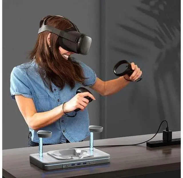 Alt view image 7 of 7 - VR Charging Dock for Oculus Quest 2, Charging Stand for Meta Quest 2, VR Accessories Charging Station Charge Headset Controller with USB-C Cable Support Colorful Lights