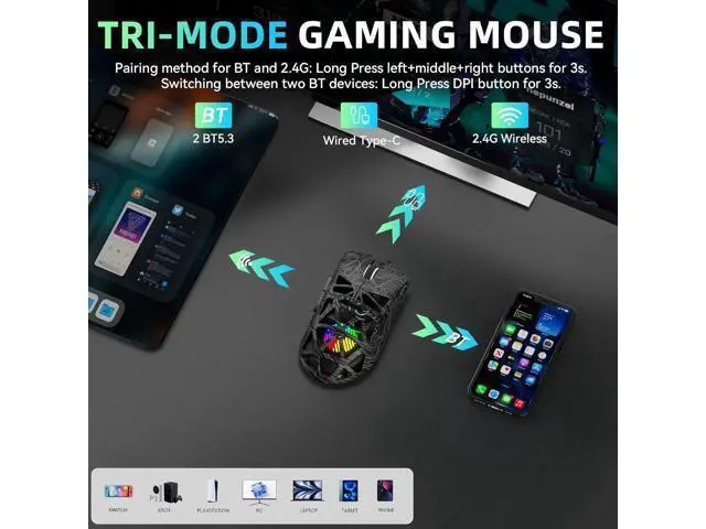 Alt view image 3 of 7 - Hitoor Wireless Gaming Mouse, Tri-Mode 2.4GHz/USB-C/BT5.3 Computer Mouse with 12000 DPI, Programmable Macro Gamer Mouse with Rapid Fire Key, RGB Light Gaming Mice for PC/Laptop/Mac