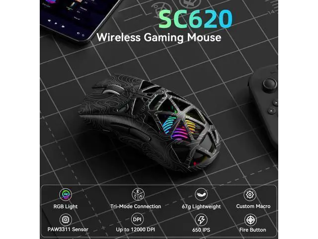 Alt view image 2 of 7 - Hitoor Wireless Gaming Mouse, Tri-Mode 2.4GHz/USB-C/BT5.3 Computer Mouse with 12000 DPI, Programmable Macro Gamer Mouse with Rapid Fire Key, RGB Light Gaming Mice for PC/Laptop/Mac