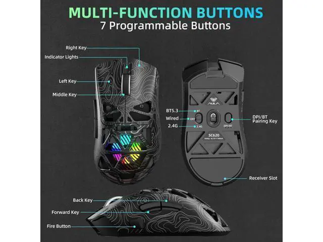 Alt view image 7 of 7 - Hitoor Wireless Gaming Mouse, Tri-Mode 2.4GHz/USB-C/BT5.3 Computer Mouse with 12000 DPI, Programmable Macro Gamer Mouse with Rapid Fire Key, RGB Light Gaming Mice for PC/Laptop/Mac