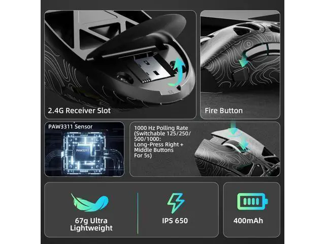 Alt view image 5 of 7 - Hitoor Wireless Gaming Mouse, Tri-Mode 2.4GHz/USB-C/BT5.3 Computer Mouse with 12000 DPI, Programmable Macro Gamer Mouse with Rapid Fire Key, RGB Light Gaming Mice for PC/Laptop/Mac
