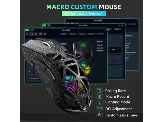 Alt view image 6 of 7 - Hitoor Wireless Gaming Mouse, Tri-Mode 2.4GHz/USB-C/BT5.3 Computer Mouse with 12000 DPI, Programmable Macro Gamer Mouse with Rapid Fire Key, RGB Light Gaming Mice for PC/Laptop/Mac