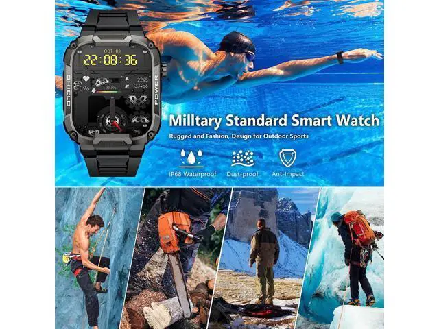 Alt view image 7 of 7 - Sport Smart Watch for Men - 1.85 Military Smart Watches IP68 Waterproof Smart Watches with Bluetooth Call Outdoor Tactical Sports Rugged Fitness Tracker Watch for iPhone Android Phones (Black)