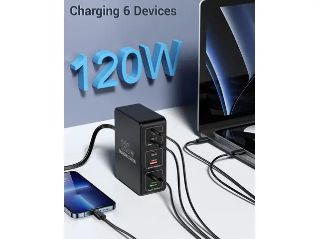 Alt view image 3 of 7 - 120W USB C Charging Station, Multiport USB Charging Station, Multi USB Charger Station, 6 Ports USB Charging Station for Multiple Devices, USB Charging Hub Compatible with MacBook, Laptop, Smartphones