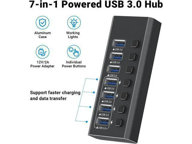 Alt view image 2 of 6 - USB Hub 3.0 Powered, 7-Port Powered USB 3.0 Hub with Individual Switches & 12V Power Adapter & 39'' Long Cable USB Expander Hub Splitter for Mac-Book Air Pro,Mac Mini,i-Mac All Laptops Desktops
