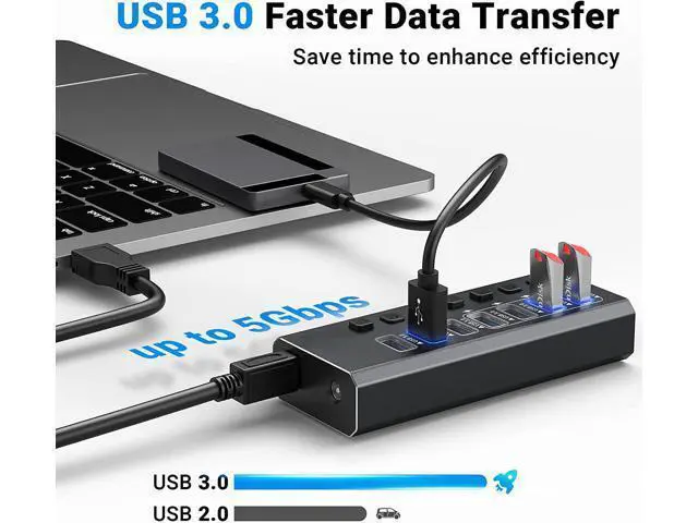 Alt view image 3 of 6 - USB Hub 3.0 Powered, 7-Port Powered USB 3.0 Hub with Individual Switches & 12V Power Adapter & 39'' Long Cable USB Expander Hub Splitter for Mac-Book Air Pro,Mac Mini,i-Mac All Laptops Desktops