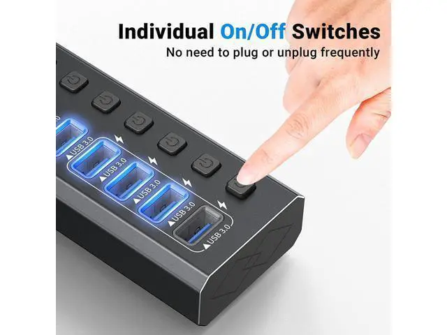Alt view image 4 of 6 - USB Hub 3.0 Powered, 7-Port Powered USB 3.0 Hub with Individual Switches & 12V Power Adapter & 39'' Long Cable USB Expander Hub Splitter for Mac-Book Air Pro,Mac Mini,i-Mac All Laptops Desktops