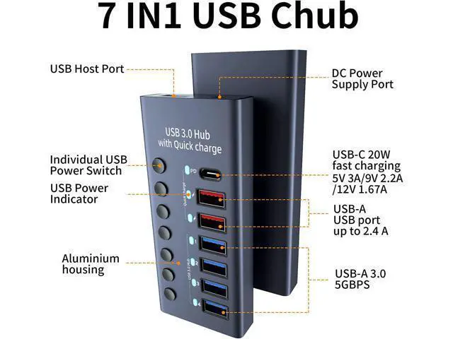 Alt view image 4 of 7 - Aluminum Powered USB 3.0 Hub, 7-Port USB Hub Splitter (4 USB 3.0 Data Transmission Ports + 2 Smart Charging Ports + 1 PD Charging Port), with 36W (12V/3A) Power Adapter and Independent Switch