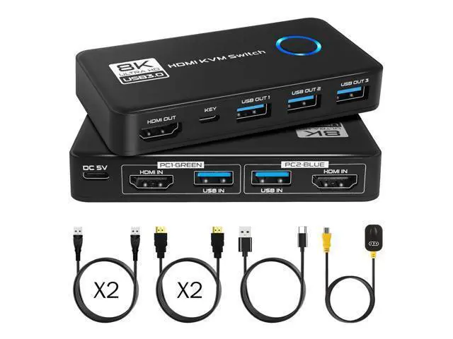 Alt view image 7 of 7 - Hitoor 2 Port HDMI KVM Switch, 8K@60Hz 4K@120Hz HDMI USB 3.0 KVM Switch for 2 Computer Share 1 HD Monitor and 3 USB 3.0 Devices, Included Wired Remote, 2 HD-MI 2.1 Cables and 2 USB 3.0 Cables giyqxHw