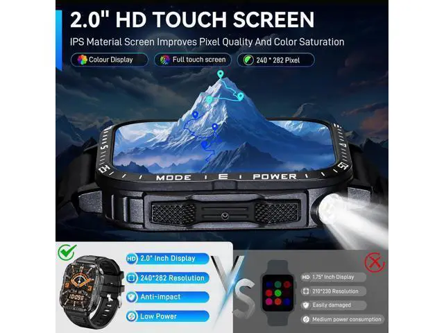 Alt view image 4 of 7 - Hitoor Military Smart Watch for Men with LED Flashlight Watch 2.0'' Big Screen Tactical Smartwatch 430mAh Big Battery Fitness Tracker with Heart Rate Sleep Monitor Make Calls for IOS Android Phones
