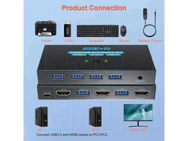 Alt view image 2 of 6 - Hitoor HDMI 2.0 KVM Switch 1 Monitors 2 Computers, with 4 USB 3.0 Switch, 4K@60Hz 2 Port HDMI KVM Switches 2 in 1 Out, Support Wired Remote and Button Switch, Sharing Keyboard & Mouse, Plug and Play