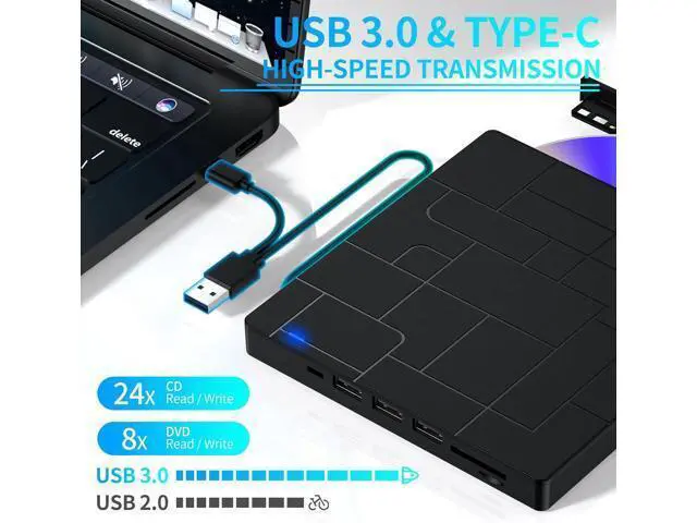 Alt view image 2 of 7 - Hitoor External CD/DVD Drive for Laptop, 7-IN-1 USB 3.0 Slim Portable DVD Player, CD ROM Burner, Writer, External Optical Disk Drive Compatible with Laptop Desktop PC Windows Mac Linux OS