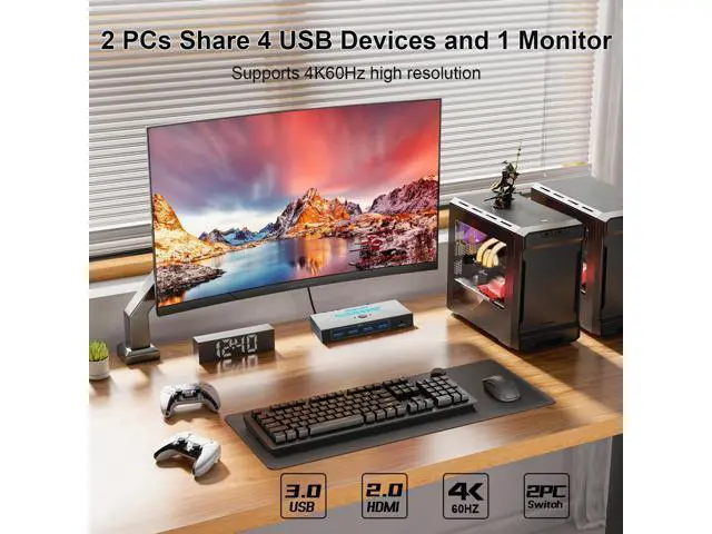 Alt view image 3 of 6 - Hitoor HDMI 2.0 KVM Switch 1 Monitors 2 Computers, with 4 USB 3.0 Switch, 4K@60Hz 2 Port HDMI KVM Switches 2 in 1 Out, Support Wired Remote and Button Switch, Sharing Keyboard & Mouse, Plug and Play