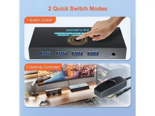 Alt view image 5 of 6 - Hitoor HDMI 2.0 KVM Switch 1 Monitors 2 Computers, with 4 USB 3.0 Switch, 4K@60Hz 2 Port HDMI KVM Switches 2 in 1 Out, Support Wired Remote and Button Switch, Sharing Keyboard & Mouse, Plug and Play