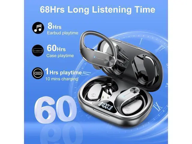 Alt view image 4 of 7 - Hitoor Ear buds Wireless Bluetooth Earbuds, Sport Bluetooth 5.3 Headphones with LED Display , 68H Playtime, Powerful Bass Over Ear Earphones with Earhooks IP8 Waterproof for Gym/Running/Workout