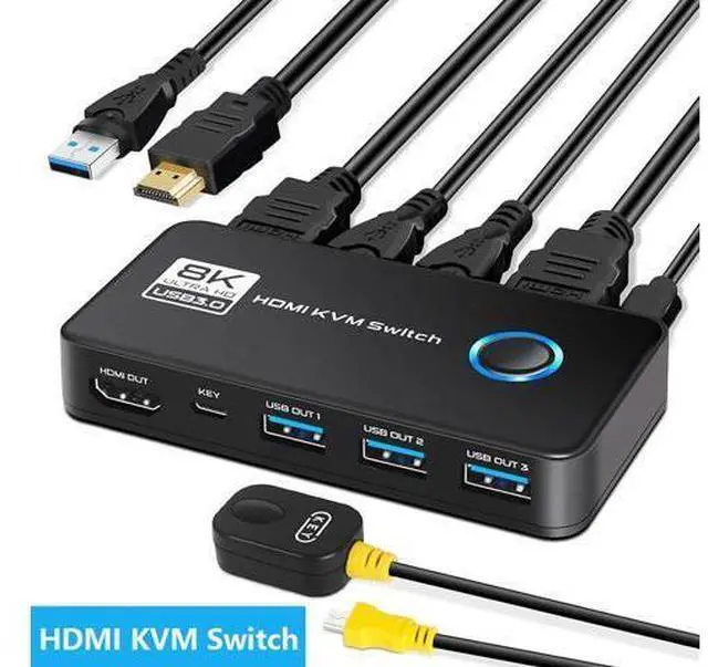 Main image of Hitoor 8K@60Hz HDMI 2.1 USB 3.0 KVM Switch for 1 Monitor 2 Computers, with 3 USB 3.0 Ports for Sharing Monitor, Keyboard, Mouse, Hard Drives, and Printer Includes 2 HDMI & USB Cables, and Controller