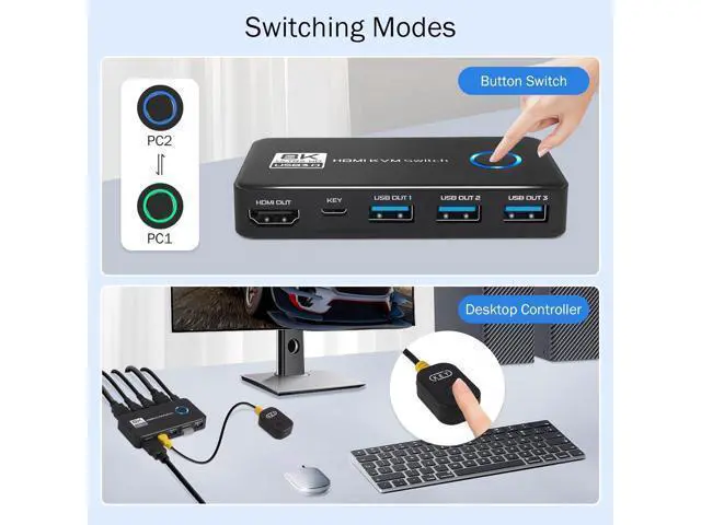 Alt view image 6 of 7 - Hitoor 8K@60Hz HDMI 2.1 USB 3.0 KVM Switch for 1 Monitor 2 Computers, with 3 USB 3.0 Ports for Sharing Monitor, Keyboard, Mouse, Hard Drives, and Printer Includes 2 HDMI & USB Cables, and Controller