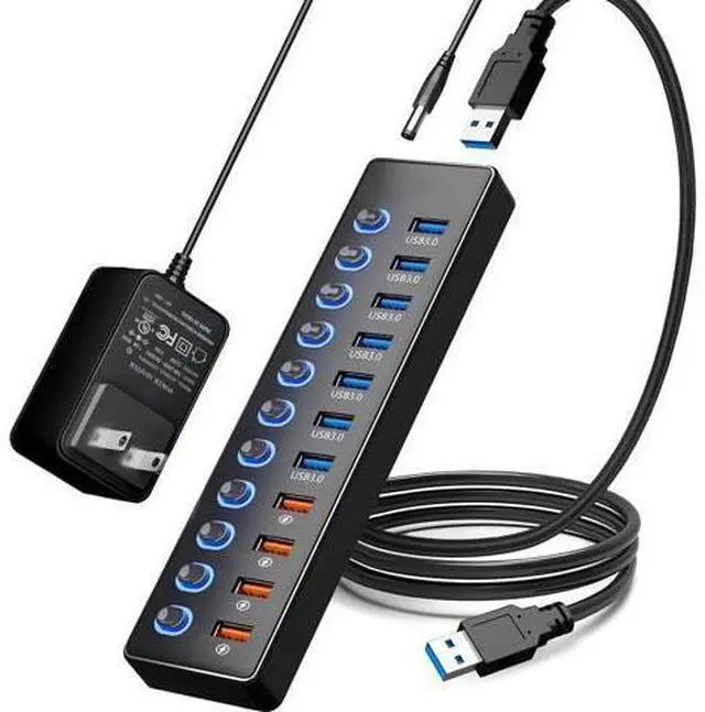 Main image of Hitoor 11 Port USB Hub 3.0, Powered USB Splitter Includes 7-Port USB-A Data Transfer with 5Gbps and 4-Port Smart Charging with 2.4A, Individual Switches, and USB Extender for Laptop, Mac, Windows, PC