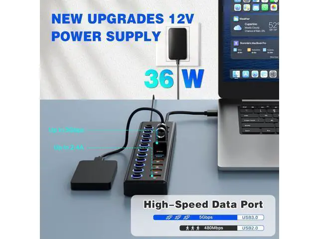 Alt view image 3 of 7 - Hitoor 11 Port USB Hub 3.0, Powered USB Splitter Includes 7-Port USB-A Data Transfer with 5Gbps and 4-Port Smart Charging with 2.4A, Individual Switches, and USB Extender for Laptop, Mac, Windows, PC