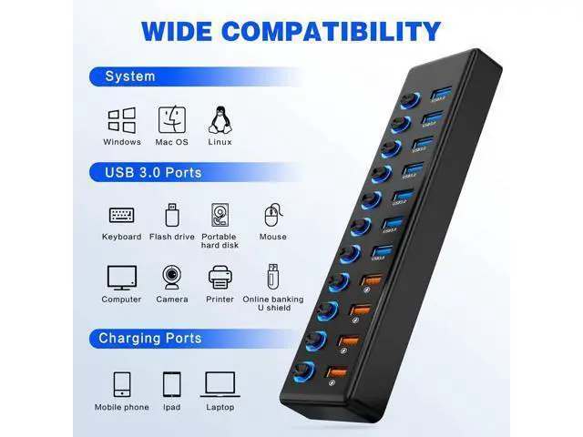 Alt view image 4 of 7 - Hitoor 11 Port USB Hub 3.0, Powered USB Splitter Includes 7-Port USB-A Data Transfer with 5Gbps and 4-Port Smart Charging with 2.4A, Individual Switches, and USB Extender for Laptop, Mac, Windows, PC