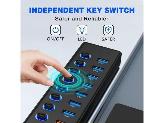 Alt view image 5 of 7 - Hitoor 11 Port USB Hub 3.0, Powered USB Splitter Includes 7-Port USB-A Data Transfer with 5Gbps and 4-Port Smart Charging with 2.4A, Individual Switches, and USB Extender for Laptop, Mac, Windows, PC
