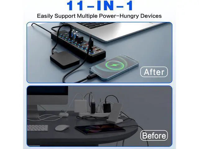 Alt view image 6 of 7 - Hitoor 11 Port USB Hub 3.0, Powered USB Splitter Includes 7-Port USB-A Data Transfer with 5Gbps and 4-Port Smart Charging with 2.4A, Individual Switches, and USB Extender for Laptop, Mac, Windows, PC