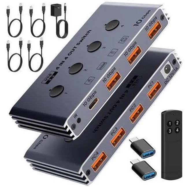 Main image of USB 3.2 Switch Selector 4 Computers Share 4 USB Devices 10Gbps High-Speed USB Sharing Switch with 1 USB-C & 3 USB-A Ports, Keyboard Mouse Switcher for PC Laptop with Remote Control&Power Adaper