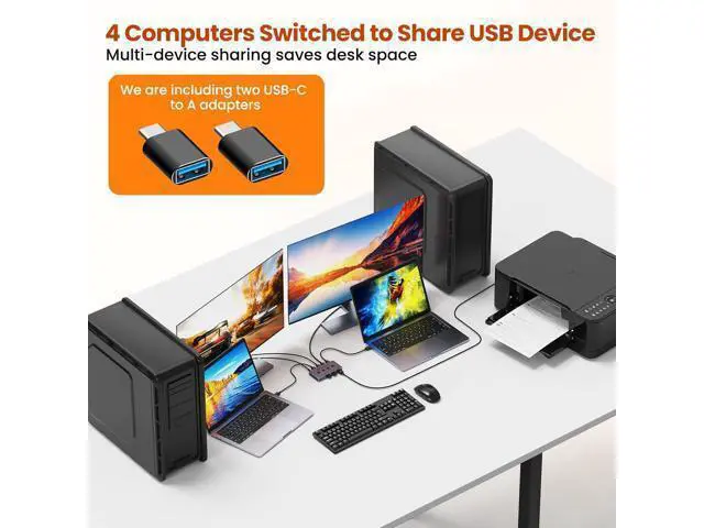 Alt view image 3 of 7 - USB 3.2 Switch Selector 4 Computers Share 4 USB Devices 10Gbps High-Speed USB Sharing Switch with 1 USB-C & 3 USB-A Ports, Keyboard Mouse Switcher for PC Laptop with Remote Control&Power Adaper