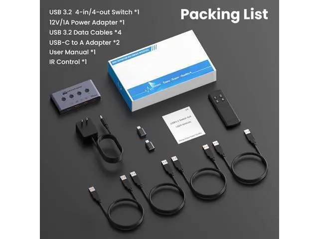 Alt view image 7 of 7 - USB 3.2 Switch Selector 4 Computers Share 4 USB Devices 10Gbps High-Speed USB Sharing Switch with 1 USB-C & 3 USB-A Ports, Keyboard Mouse Switcher for PC Laptop with Remote Control&Power Adaper