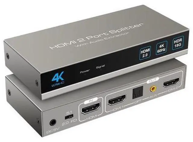 Main image of HDMI Splitter Audio Extractor 1 in 2 out 4K 60Hz HDMI Dual Monitor Adapter with Optical Toslink SPDIF+3.5mm Audio out for Dual Monitors Duplicate/Mirror only Supports Auto Downscaling HDCP2.3 HDMI 2.0