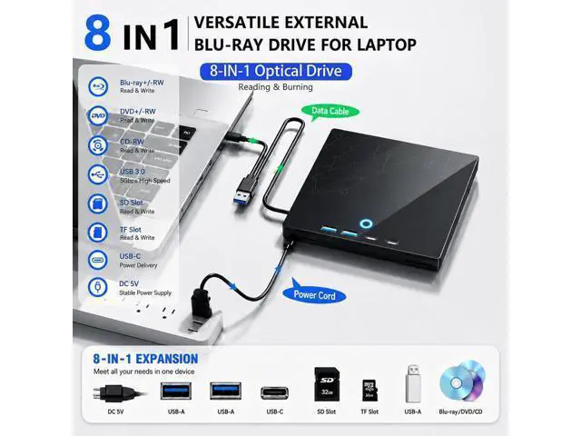 Alt view image 2 of 7 - Hitoor External CD/DVD Drive for Laptop, USB 3.0 Type C External DVD Burner CD Reader for Laptop, 8 in 1 Portable CD DVD Player with SD/TF Ports, External Optical Drive for Windows 11 10 Linux MacOS
