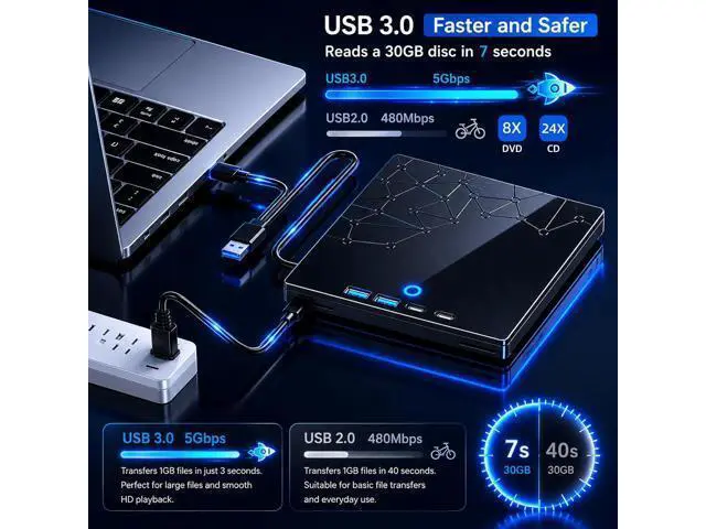 Alt view image 3 of 7 - Hitoor External CD/DVD Drive for Laptop, USB 3.0 Type C External DVD Burner CD Reader for Laptop, 8 in 1 Portable CD DVD Player with SD/TF Ports, External Optical Drive for Windows 11 10 Linux MacOS