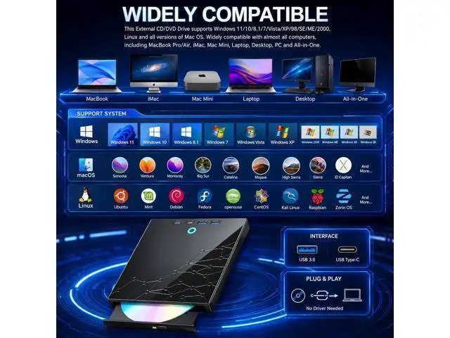 Alt view image 4 of 7 - Hitoor External CD/DVD Drive for Laptop, USB 3.0 Type C External DVD Burner CD Reader for Laptop, 8 in 1 Portable CD DVD Player with SD/TF Ports, External Optical Drive for Windows 11 10 Linux MacOS