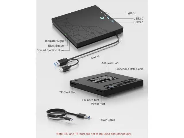 Alt view image 5 of 7 - Hitoor External CD/DVD Drive for Laptop, USB 3.0 Type C External DVD Burner CD Reader for Laptop, 8 in 1 Portable CD DVD Player with SD/TF Ports, External Optical Drive for Windows 11 10 Linux MacOS
