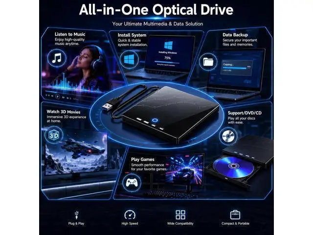 Alt view image 6 of 7 - Hitoor External CD/DVD Drive for Laptop, USB 3.0 Type C External DVD Burner CD Reader for Laptop, 8 in 1 Portable CD DVD Player with SD/TF Ports, External Optical Drive for Windows 11 10 Linux MacOS