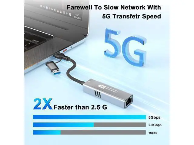 Alt view image 3 of 7 - Hitoor USB C to Ethernet Adapter 5Gbps, 2-in-1 USB to 5Gbps Ethernet Cable, 5000Mbps Type C to RJ45 Network LAN Internet Converter, Aluminum Case Compatible for i-Phone 16 15 Pro Max, MacBook Pro/Air