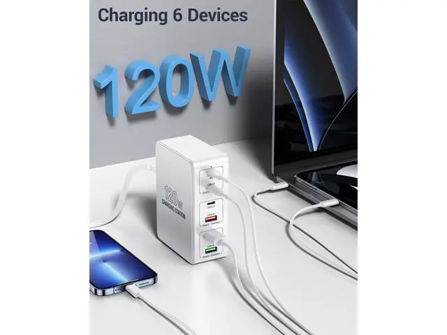 Alt view image 3 of 7 - 120W USB C Charging Station, Multiport USB Charging Station, Multi USB Charger Station, 6 Ports USB Charging Station for Multiple Devices, USB Charging Hub Compatible with MacBook, Laptop, Smartphones