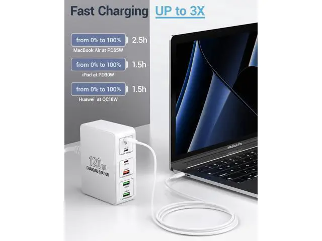 Alt view image 4 of 7 - 120W USB C Charging Station, Multiport USB Charging Station, Multi USB Charger Station, 6 Ports USB Charging Station for Multiple Devices, USB Charging Hub Compatible with MacBook, Laptop, Smartphones