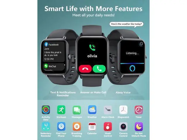 Alt view image 6 of 7 - Hitoor Smartwatch for Men Women, Alexa Built-in, 1.8" Fitness Tracker, IP68 Waterproof Smartwatch for IOS Android Phones with Bluetooth Call (Answer/Make), Heart Rate/SpO2/Sleep Monitor/Pedometer