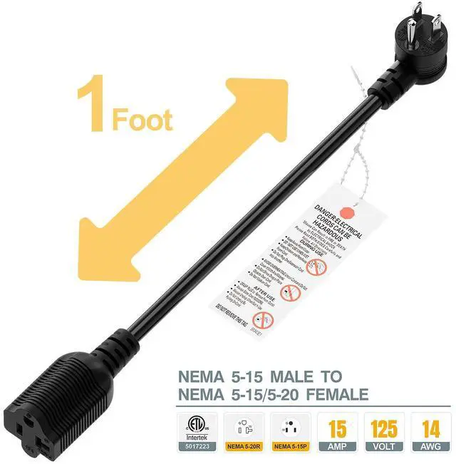 Alt view image 2 of 7 - 1FT Down Angle Nema 5-15P to 5-15R/5-20R 20Amp Comb AC Power Cord | ETL Listed 15Amp Household Plug to 20Amp T Blade Adapter Cable, 14AWG 20 to 15A Adapter Cord,15a to 20a Adapter, 1FT, Black
