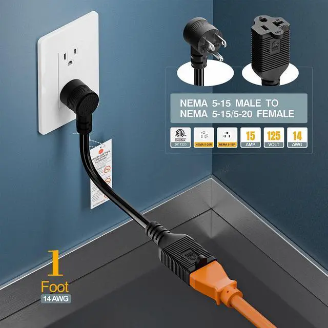 Alt view image 3 of 7 - 1FT Down Angle Nema 5-15P to 5-15R/5-20R 20Amp Comb AC Power Cord | ETL Listed 15Amp Household Plug to 20Amp T Blade Adapter Cable, 14AWG 20 to 15A Adapter Cord,15a to 20a Adapter, 1FT, Black