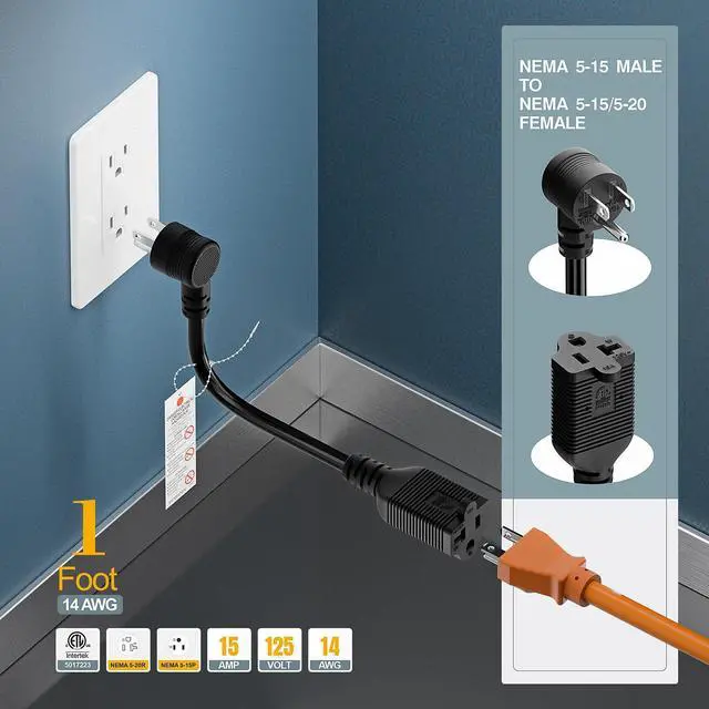Alt view image 4 of 7 - 1FT Down Angle Nema 5-15P to 5-15R/5-20R 20Amp Comb AC Power Cord | ETL Listed 15Amp Household Plug to 20Amp T Blade Adapter Cable, 14AWG 20 to 15A Adapter Cord,15a to 20a Adapter, 1FT, Black