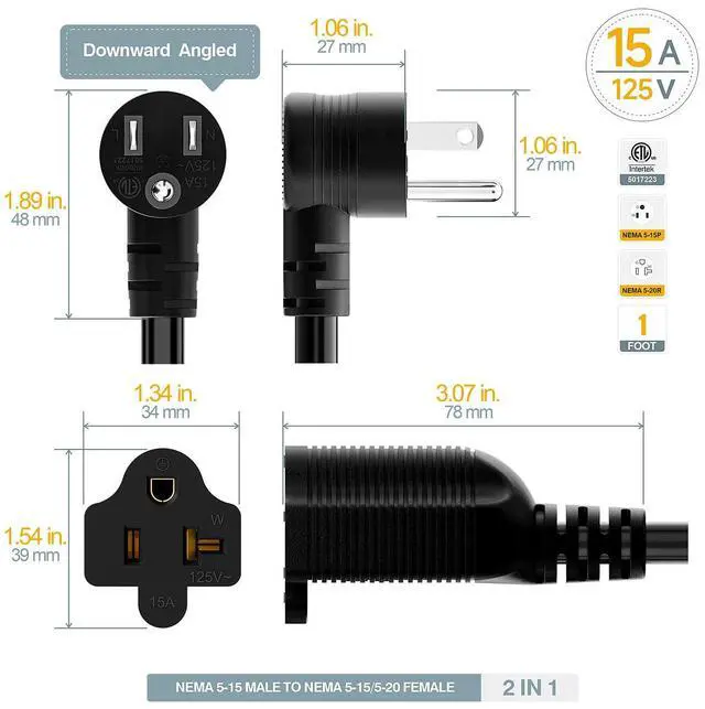 Alt view image 5 of 7 - 1FT Down Angle Nema 5-15P to 5-15R/5-20R 20Amp Comb AC Power Cord | ETL Listed 15Amp Household Plug to 20Amp T Blade Adapter Cable, 14AWG 20 to 15A Adapter Cord,15a to 20a Adapter, 1FT, Black